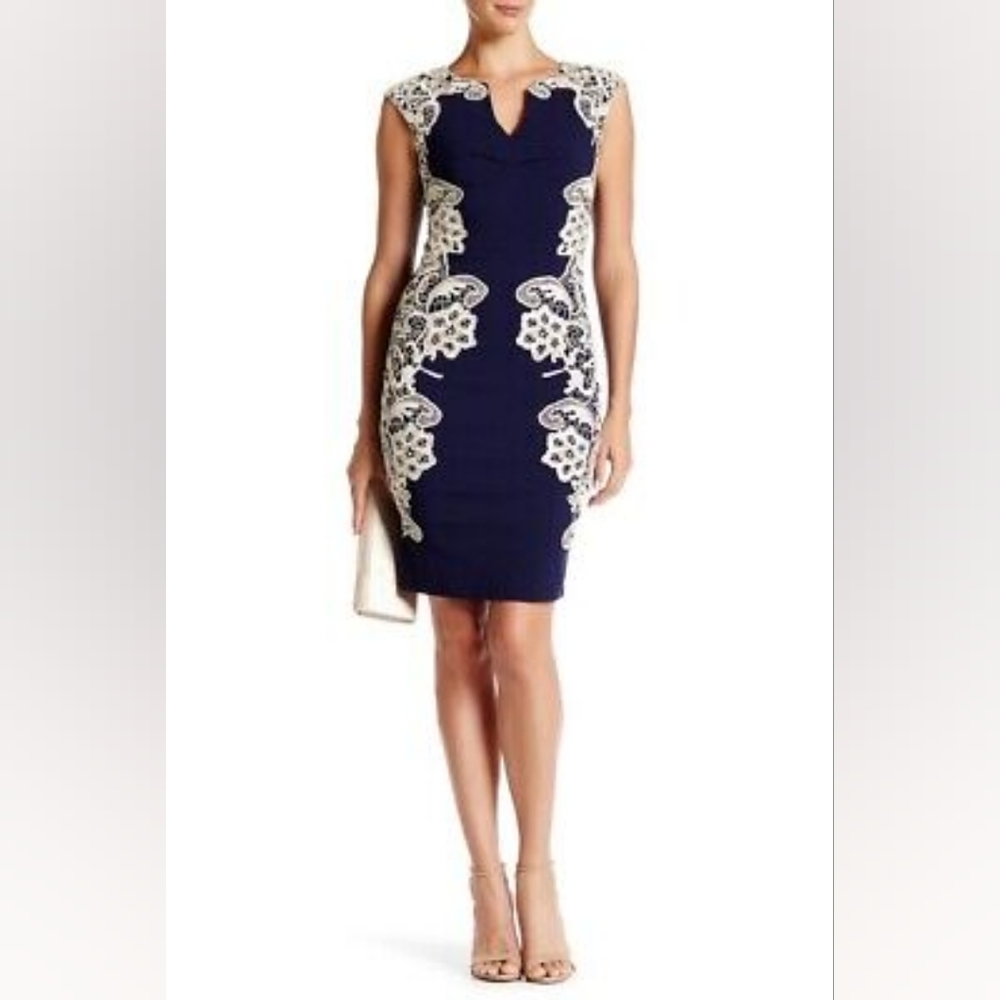 LONDON DRESS CO. Women's 'AMBER' LACE DETAIL Navy/Cream BODYCON DRESS - 6